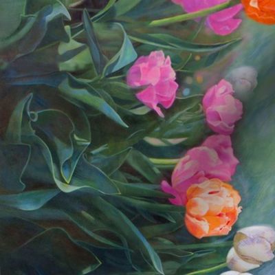 Tulips Rabbit Border with Stripes Oil Painting