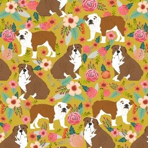 english bulldog dogs pet dog pets dogs puppy flowers spring mustard flowers florals vintage watercolors
