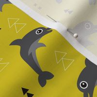 Cute geometric dolphins cute kids fish illustration summer print yellow