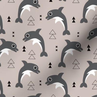 Cute geometric dolphins cute kids fish illustration summer print beige