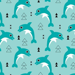 Cute geometric dolphins cute kids fish illustration summer print blue aqua