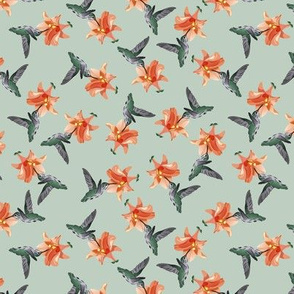 Hummingbird and Orange on Muted Gray-Green