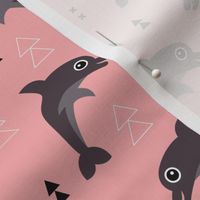 Cute geometric dolphins cute kids fish illustration summer print girls pink