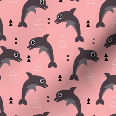 Cute geometric dolphins cute kids fish illustration summer print girls pink