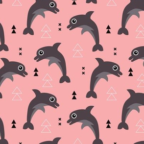 Cute geometric dolphins cute kids fish illustration summer print girls pink
