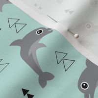 Cute geometric dolphins cute kids fish illustration summer print gender neutral mint