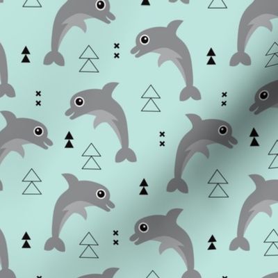 Cute geometric dolphins cute kids fish illustration summer print gender neutral mint