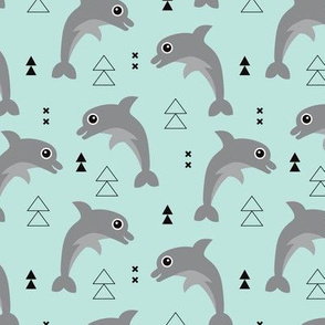 Cute geometric dolphins cute kids fish illustration summer print gender neutral mint