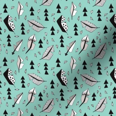 Cool geometric feathers and arrows abstract triangle hand drawn illustration scandinavian style in mint blue black and white XS