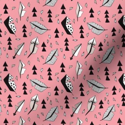 Cool geometric feathers and arrows abstract triangle hand drawn illustration scandinavian style in pink black and white XS