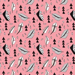 Cool geometric feathers and arrows abstract triangle hand drawn illustration scandinavian style in pink black and white XS