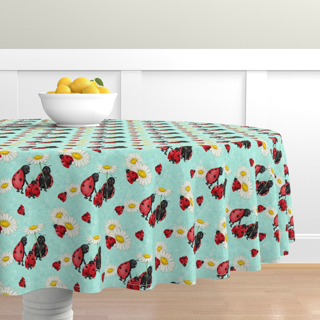Ladybug Stroll - Aqua Blue Round Tablecloth | Spoonflower