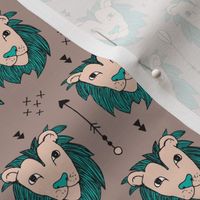 Cool scandinavian style african lion and arrows safari animals kids illustration geometric pattern in beige and blue XS