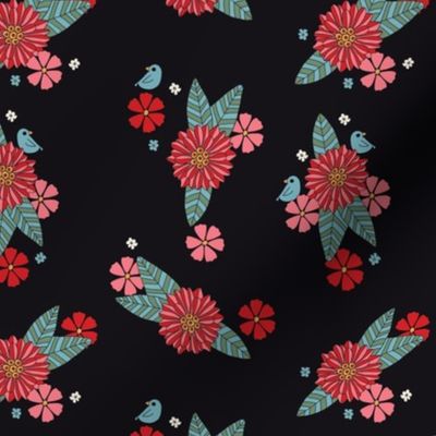 Black Floral with Little Bird