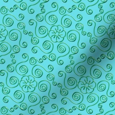 Green Hexagon Swirls on Aqua