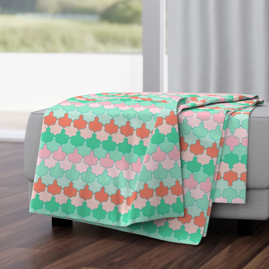 Mint, Aqua and Coral Quatrefoil SoBe Scallops