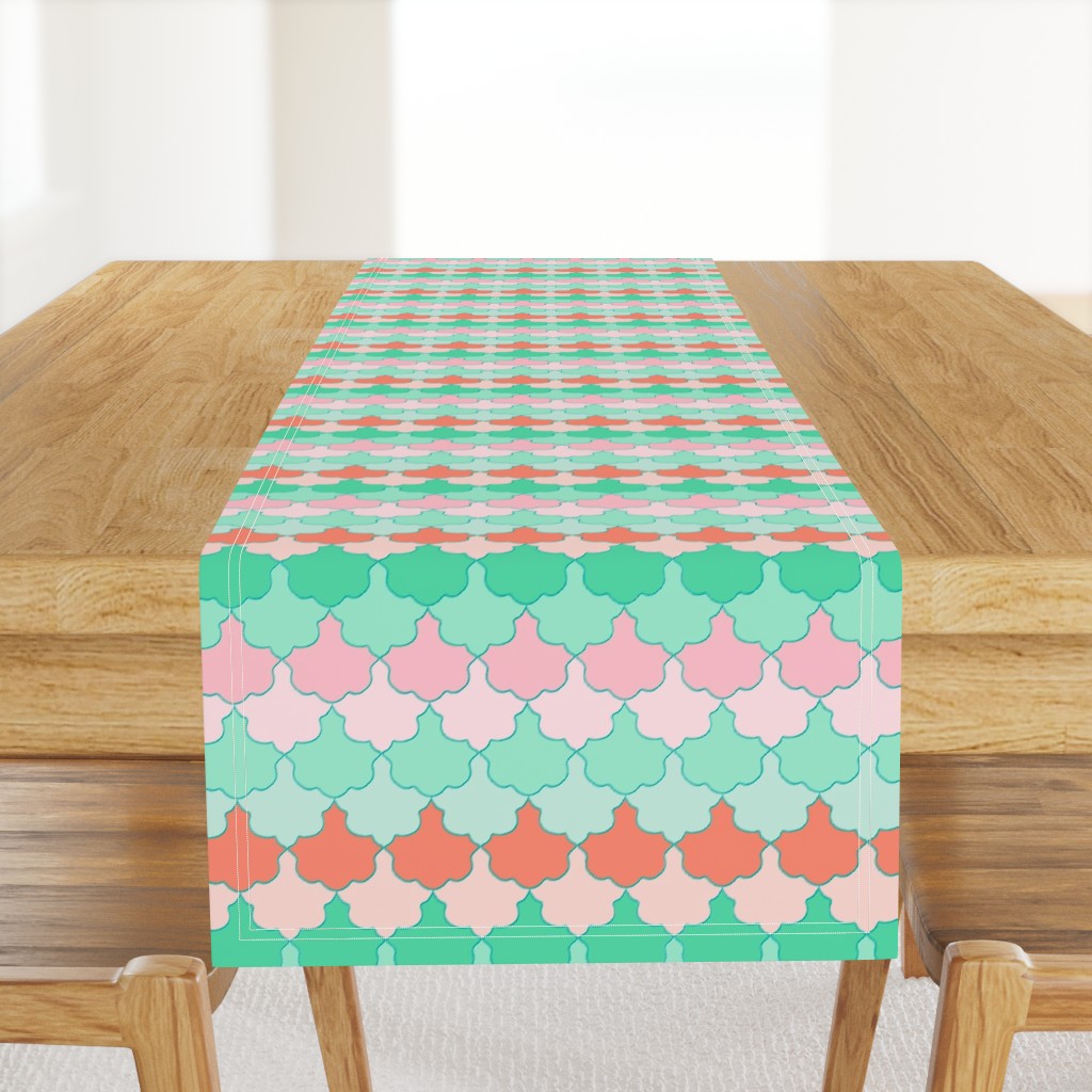 Mint, Aqua and Coral Quatrefoil SoBe Scallops