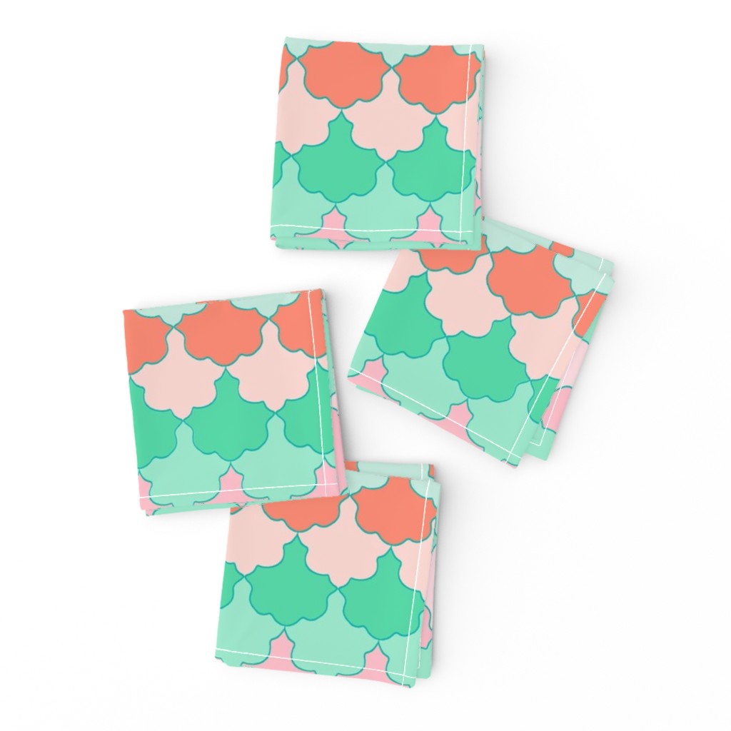 Mint, Aqua and Coral Quatrefoil SoBe Scallops