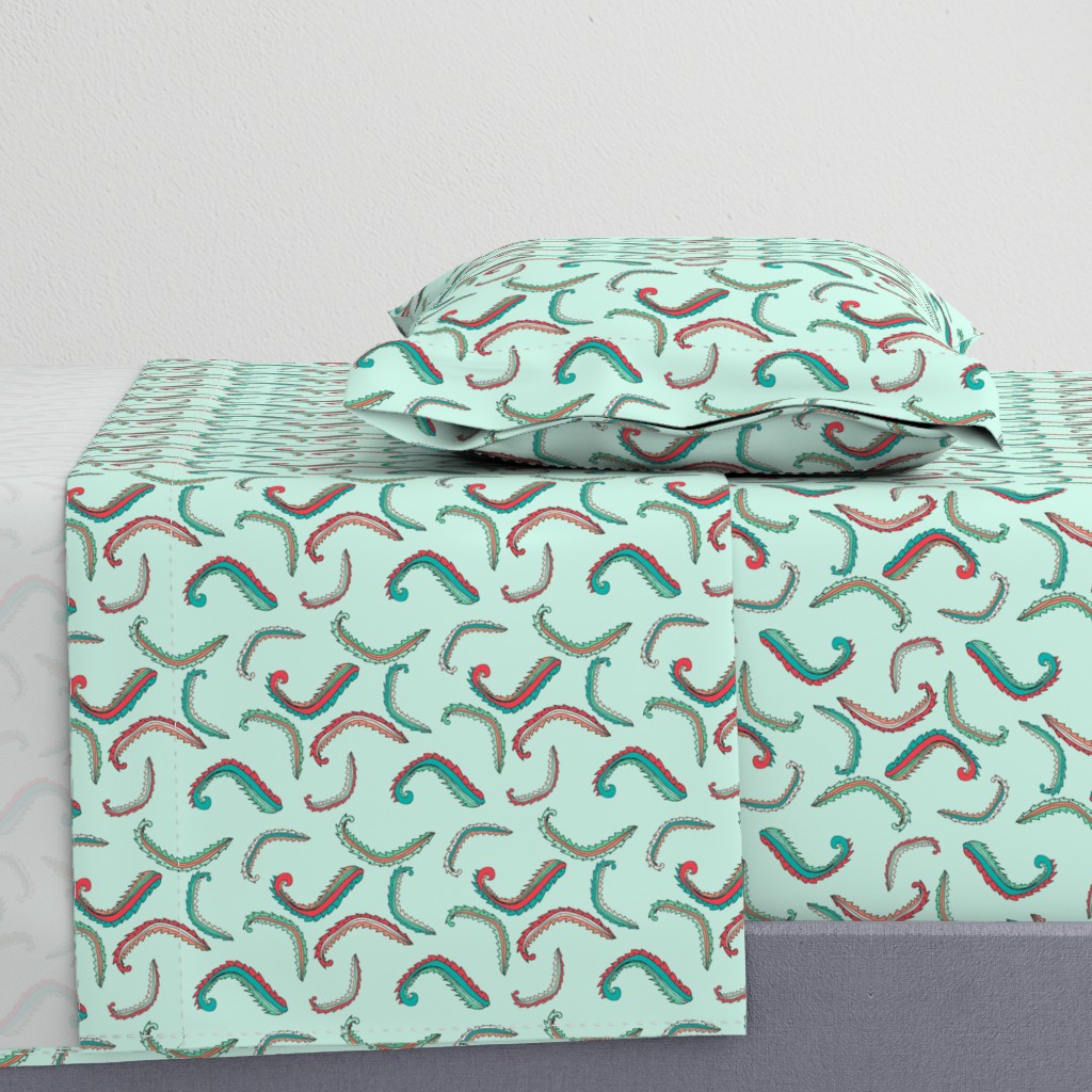 Seaweed Green and Coral Squiggles on Mint