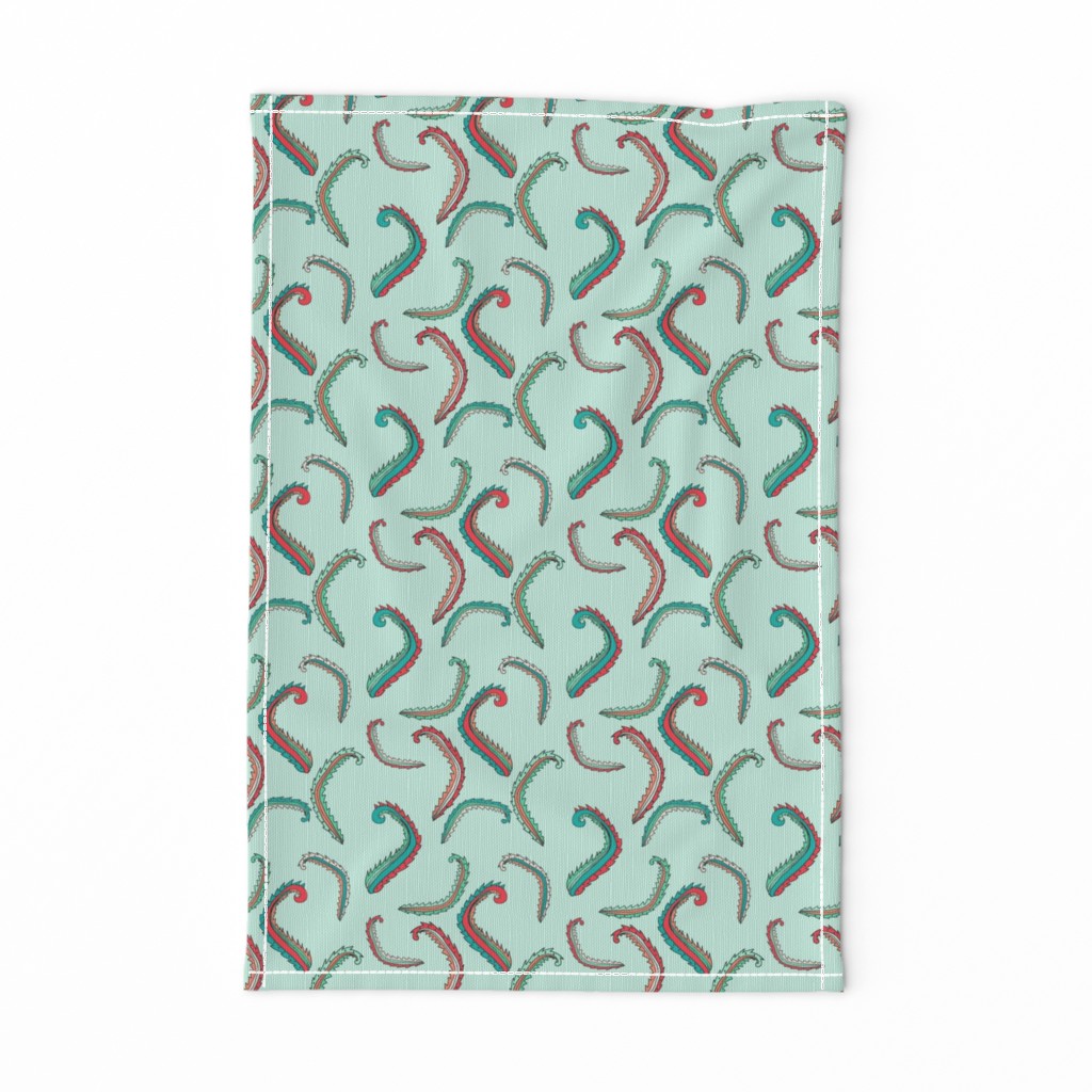 Seaweed Green and Coral Squiggles on Mint