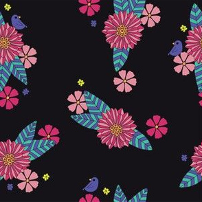 Black Floral with Little Bird - pinks