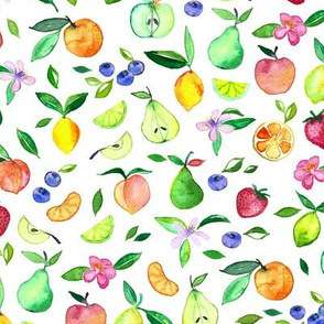 Fruit and Blossoms in Watercolor on White