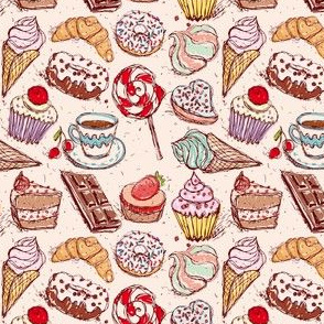 Hand drawn confectionery seamless pattern croissant Cupcake candy marshmallow ice cream cake donut and coffee.