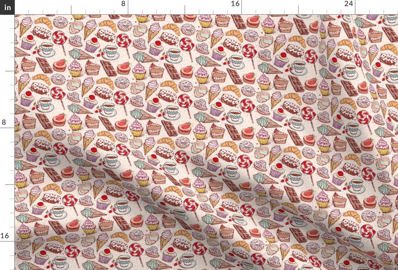 Hand drawn confectionery seamless pattern croissant Cupcake candy marshmallow ice cream cake donut and coffee.