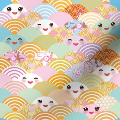  japanese cherry sakura flowers, cute kawaii faces with a smile, pastel color