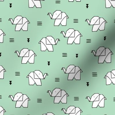 Cute origami japanese paper art baby elephants geometric triangles gender neutral black and white mint