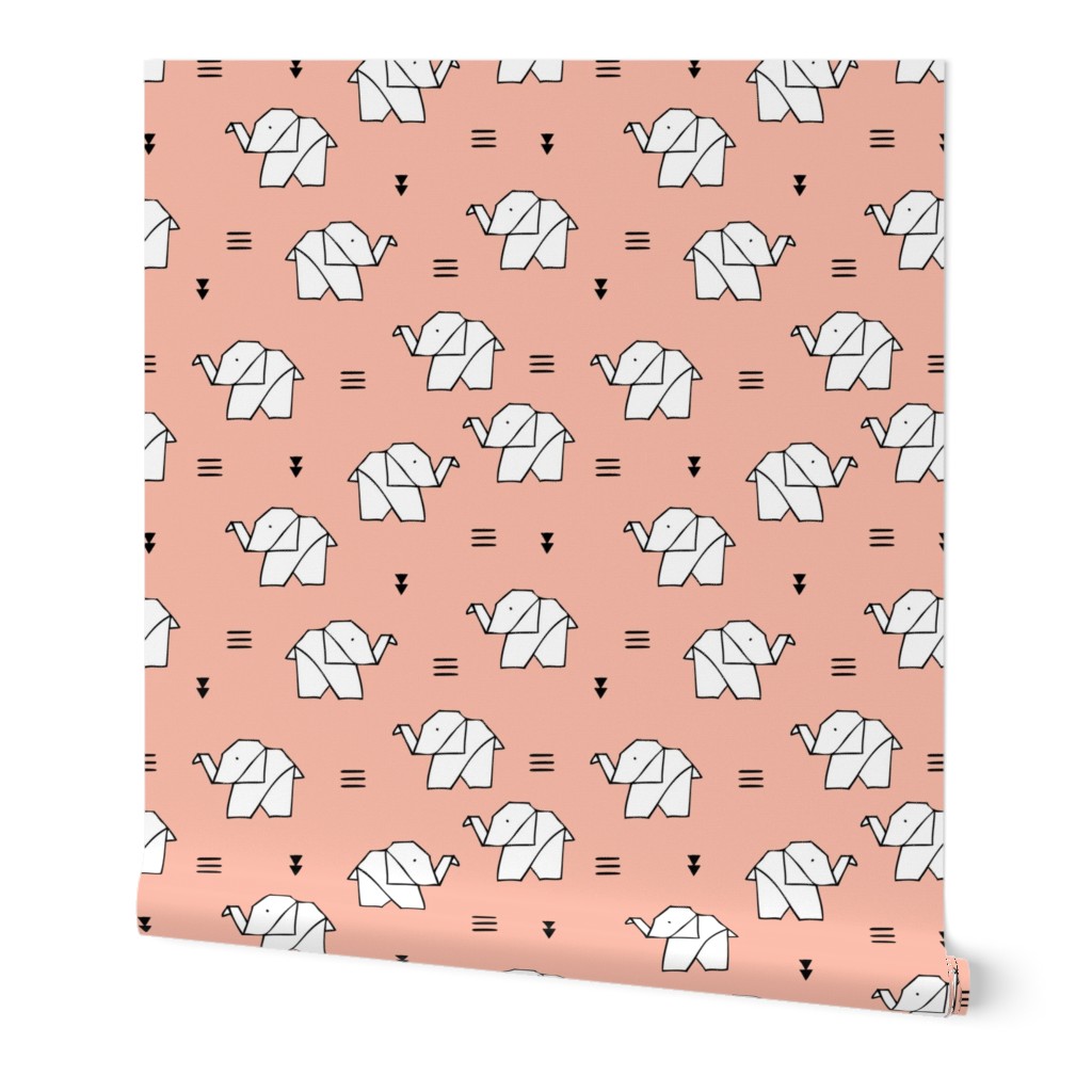 Cute origami japanese paper art baby elephants geometric triangles soft coral pink blush girls