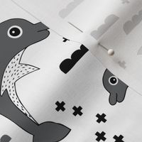 Cute kids dolphin design scandinavian style drawing with geometric crosses and water waves black and white gray