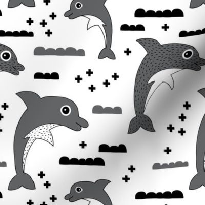 Cute kids dolphin design scandinavian style drawing with geometric crosses and water waves black and white gray