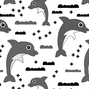 Cute kids dolphin design scandinavian style drawing with geometric crosses and water waves black and white gray