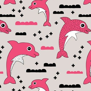 Cute kids dolphin design scandinavian style drawing with geometric crosses and water waves bright pink