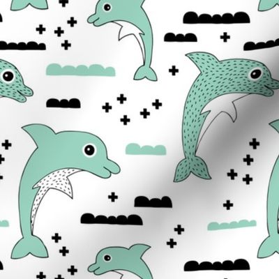 Cute kids dolphin design scandinavian style drawing with geometric crosses and water waves mint