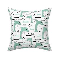 Cute kids dolphin design scandinavian style drawing with geometric crosses and water waves mint