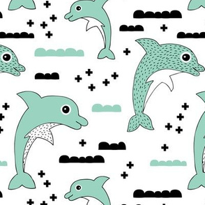 Cute kids dolphin design scandinavian style drawing with geometric crosses and water waves mint