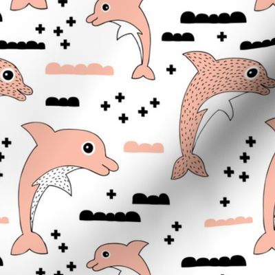 Cute kids dolphin design scandinavian style drawing with geometric crosses and water waves soft pink