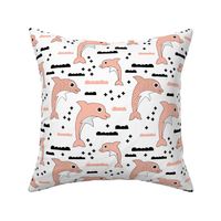 Cute kids dolphin design scandinavian style drawing with geometric crosses and water waves soft pink