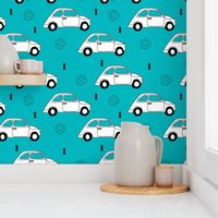 Old vintage oldtimer classic italian car scandinavian kids design black and white blue boys fabric