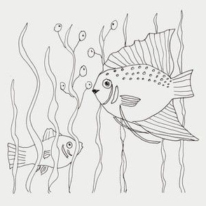 Fish and underwater reeds in a Coloring Book style