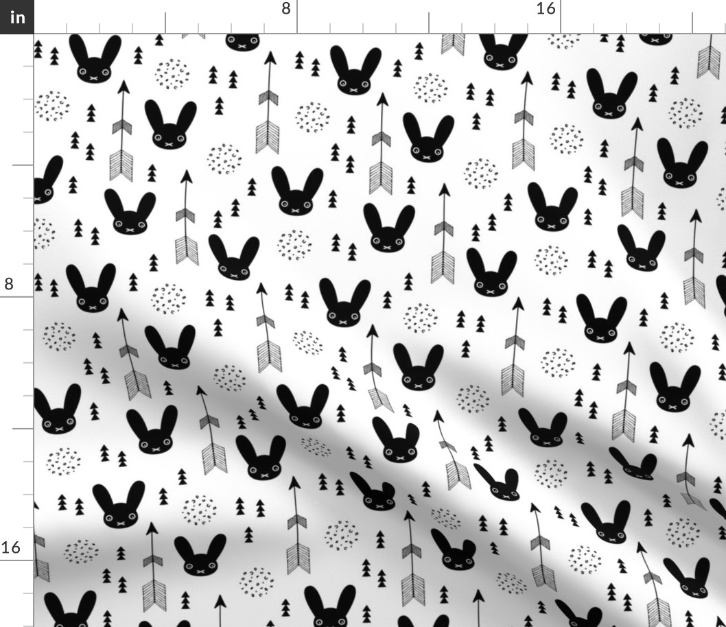 Black and white kids bunny fabric with arros and geometric abstract scandinavian style details gender neutral