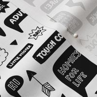 Black and white text balloon cartoon elements with arrows and cool adventure typography gender neutral