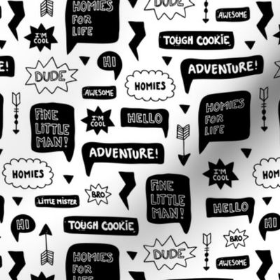 Black and white text balloon cartoon elements with arrows and cool adventure typography gender neutral