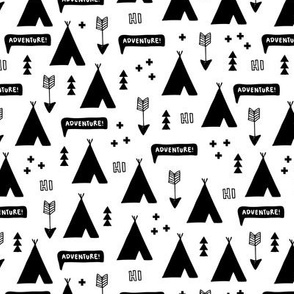 Cool black and white teepee camping scandinavian kids adventures text balloon fabric