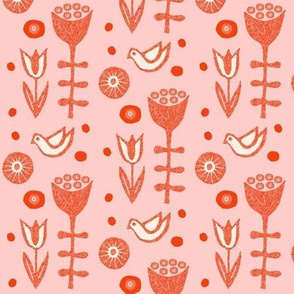 Folksy Flowers and Birds Coral and Pink