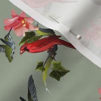 Hummingbird and Cardinal with Pink Lily and Ivy on Green
