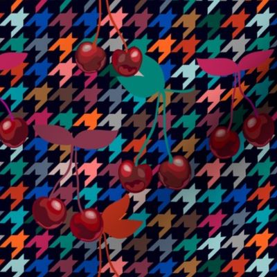 Cherries on hounds tooth background