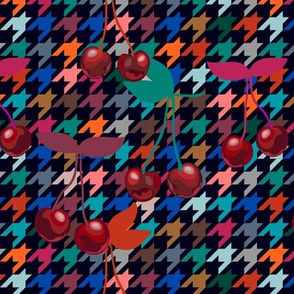 Cherries on hounds tooth background